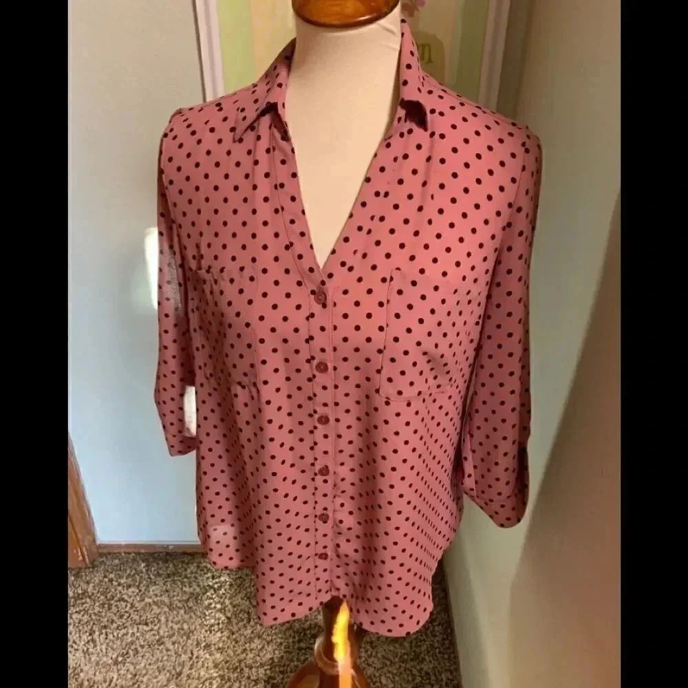Pink & Black Polka Dot V-Neck 3/4 Sleeve Top #014